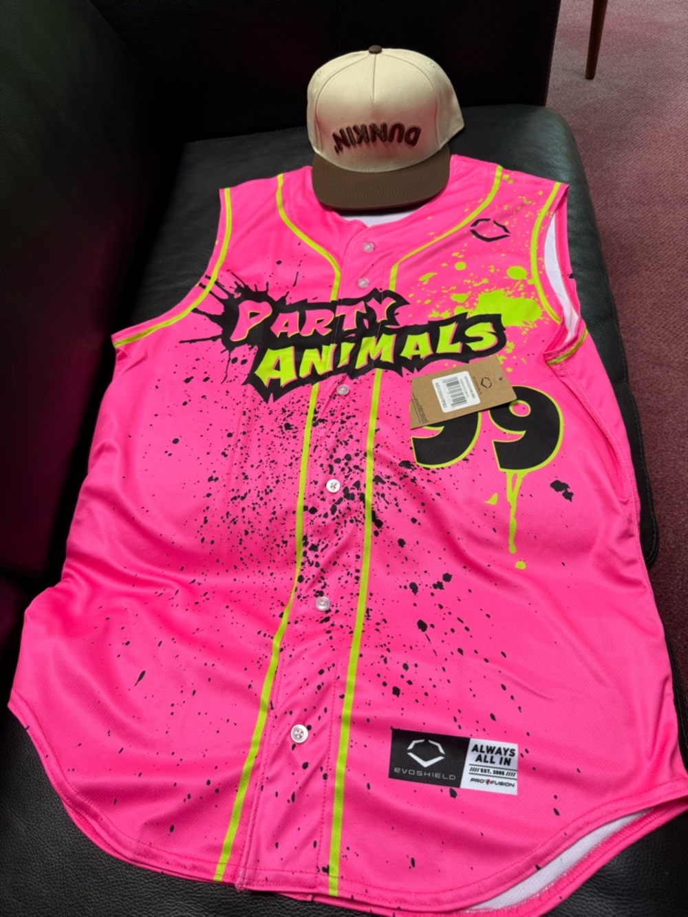 Party Animals EvoShield Sleeveless Jersey - Pink Splatter Paint L and hat